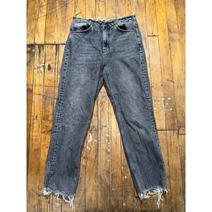 Topshop Jeans Womens Size 28x32 Black Denim Acid Wash Frayed Hem Straight Leg